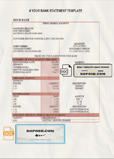 universal multipurpose bank statement template in Word format, version 2 scan effect