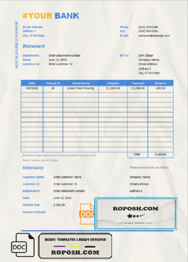 universal bank statement template in Word format scan effect