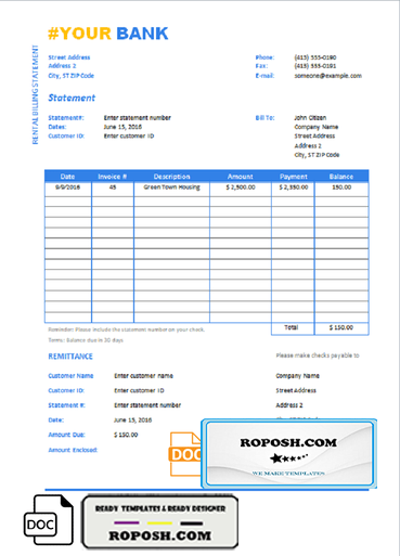 universal bank statement template in Word format
