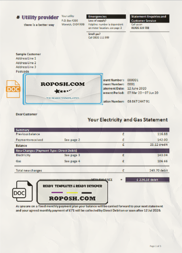 universal multipurpose utility bill template in Word format scan effect