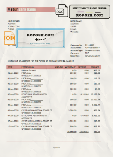 universal bank multipurpose statement template in Word format scan effect