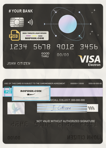 one space universal multipurpose bank visa electron credit card template in PSD format, fully editable scan effect
