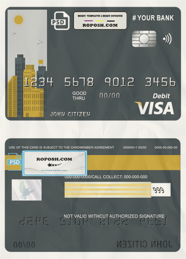 ori building universal multipurpose bank visa credit card template in PSD format, fully editable scan effect