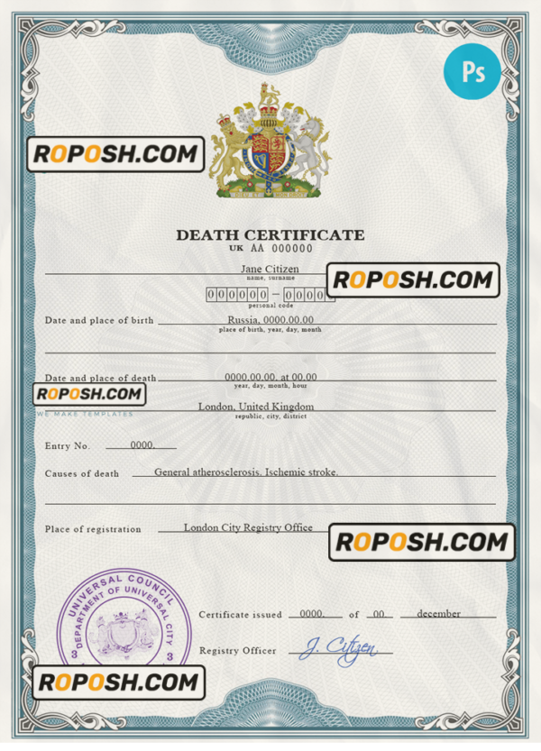 origin break vital record death certificate universal PSD template scan effect