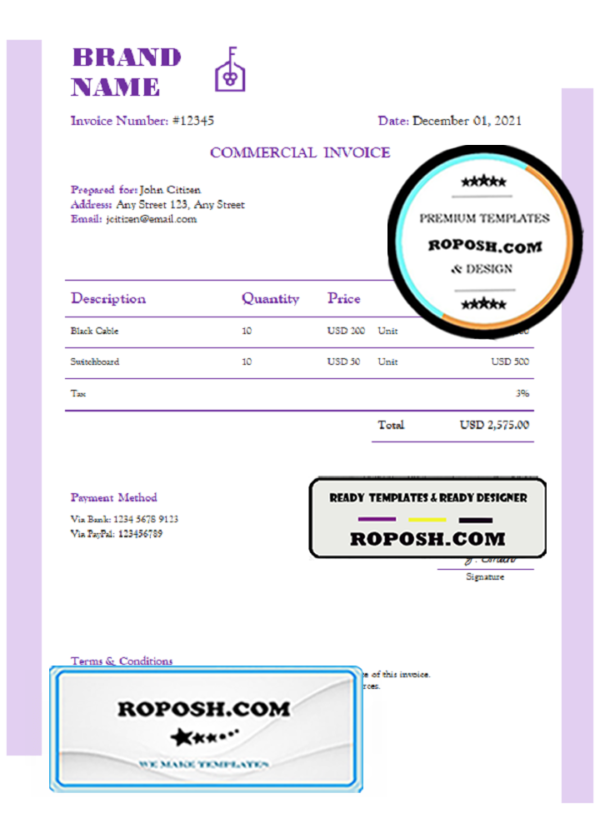 expert blended universal multipurpose invoice template in Word and PDF format, fully editable