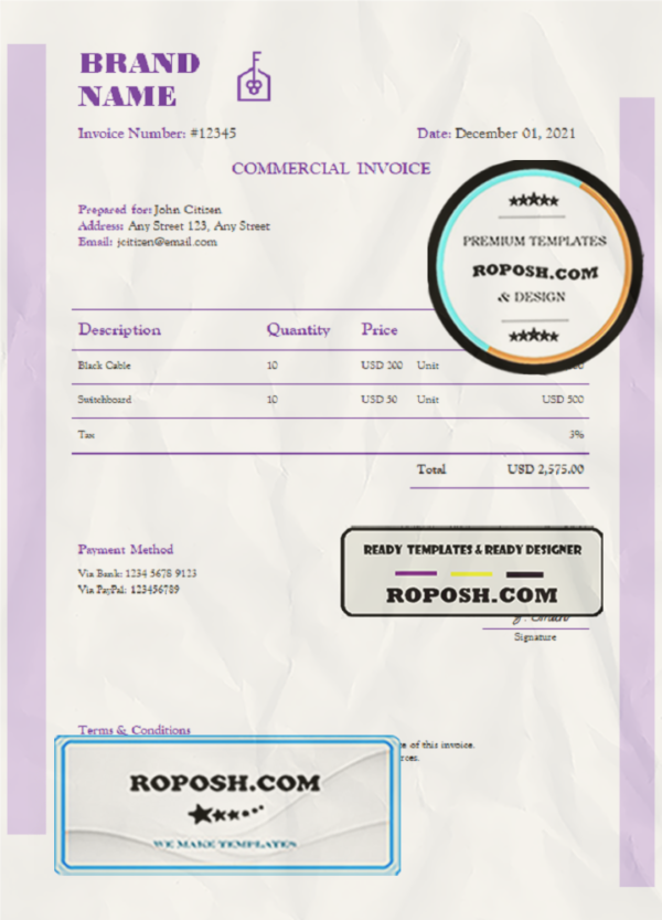 expert blended universal multipurpose invoice template in Word and PDF format, fully editable scan effect