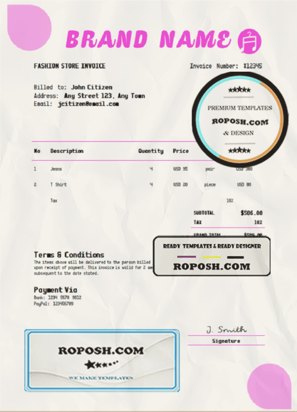 fix fashion universal multipurpose invoice template in Word and PDF format, fully editable