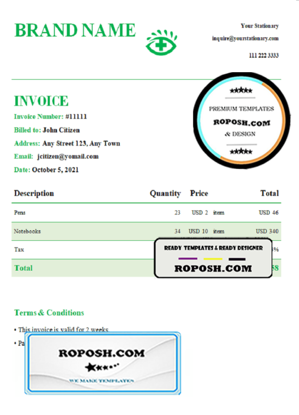 green eye universal multipurpose invoice template in Word and PDF format, fully editable