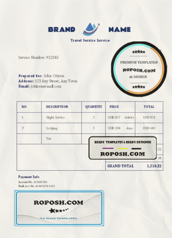 outpost travel universal multipurpose invoice template in Word and PDF format, fully editable scan effect