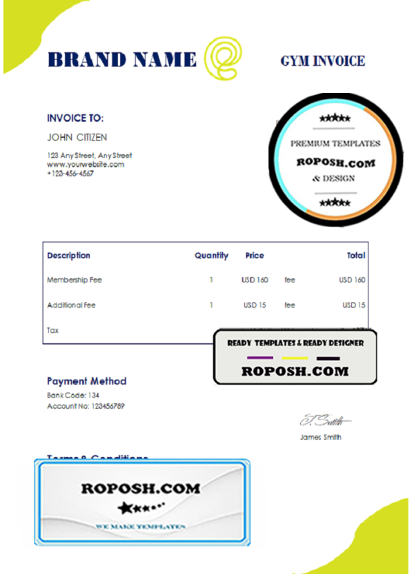 wide grid universal multipurpose invoice template in Word and PDF format, fully editable