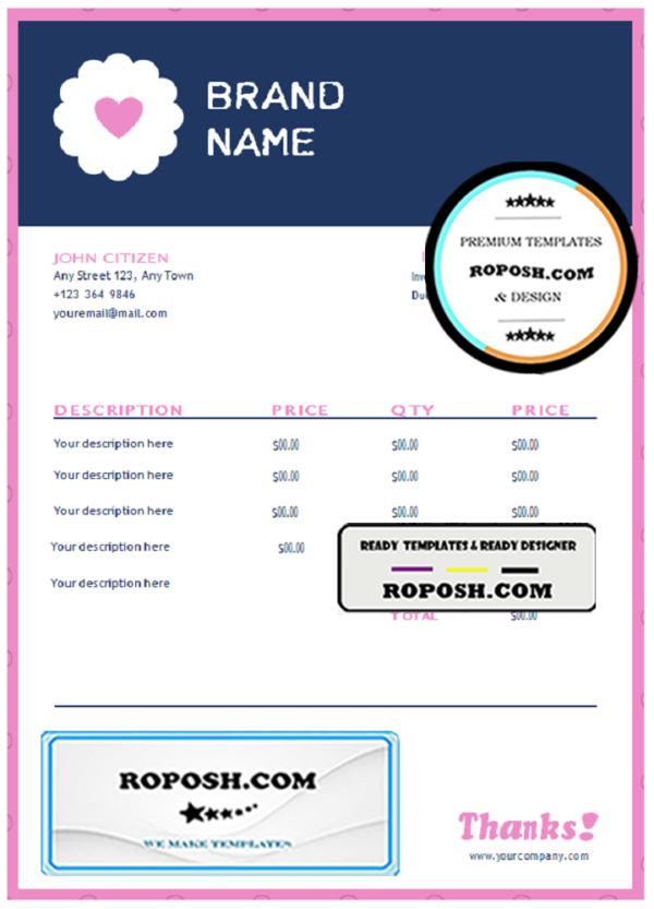 blush purpose universal multipurpose invoice template in Word and PDF format, fully editable