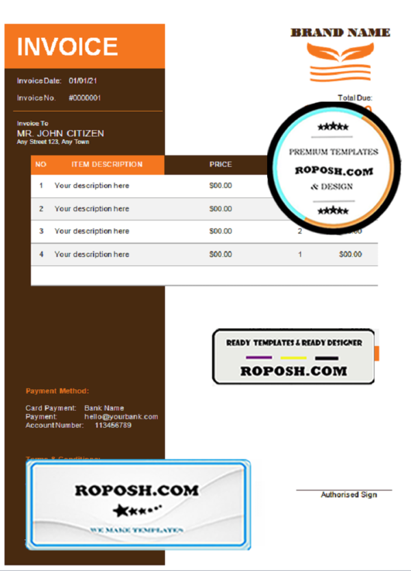 orange matter universal multipurpose invoice template in Word and PDF format, fully editable