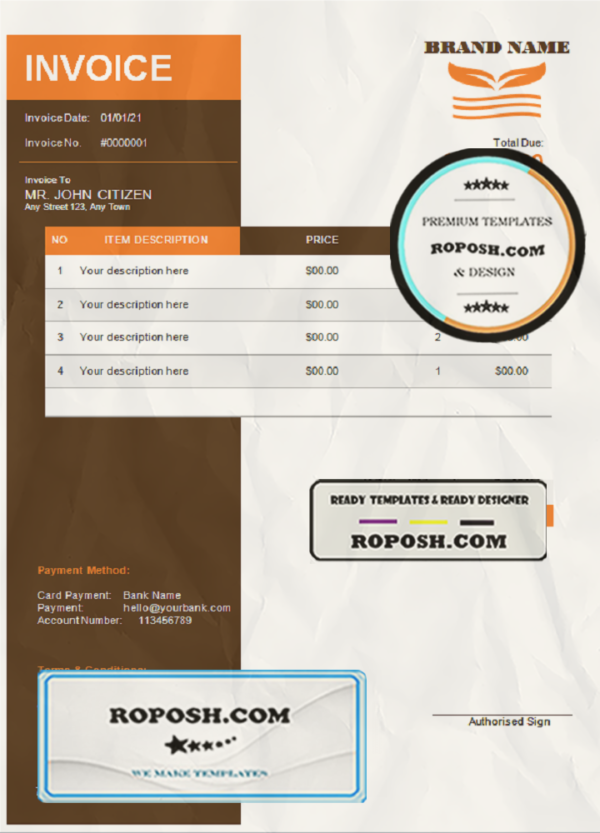 orange matter universal multipurpose invoice template in Word and PDF format, fully editable scan effect