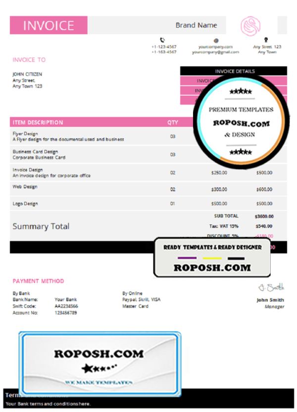 outlaw famous universal multipurpose invoice template in Word and PDF format, fully editable