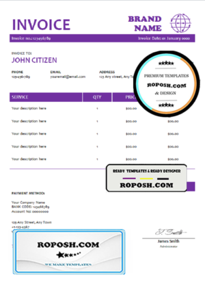 purple stamp universal multipurpose invoice template in Word and PDF format, fully editable