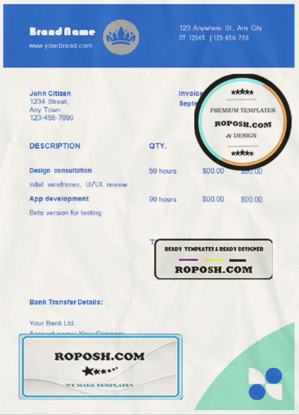 swarming blue universal multipurpose invoice template in Word and PDF format, fully editable scan effect