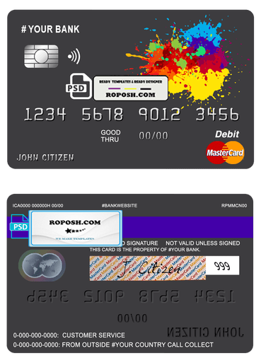 paintings color universal multipurpose bank mastercard debit credit card template in PSD format, fully editable