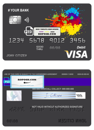 paintings color universal multipurpose bank visa credit card template in PSD format, fully editable