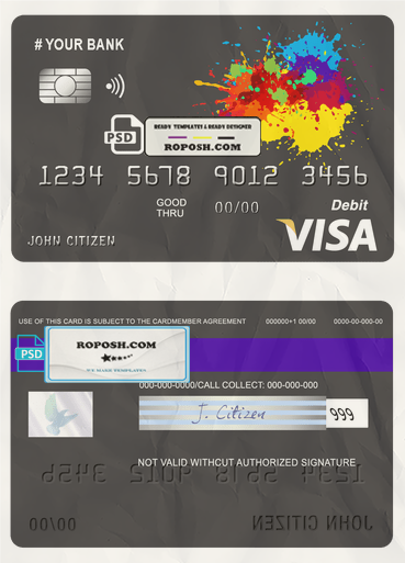 paintings color universal multipurpose bank visa credit card template in PSD format, fully editable scan effect