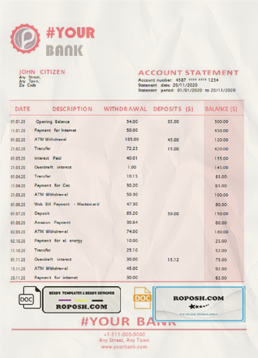 pink gleam universal multipurpose bank statement template in Word format scan effect