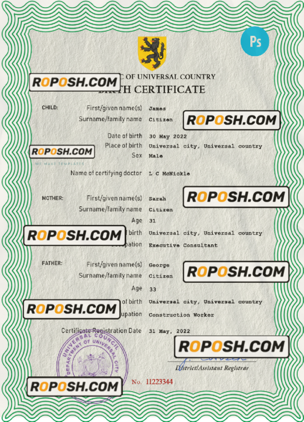 plug universal birth certificate PSD template, completely editable scan effect
