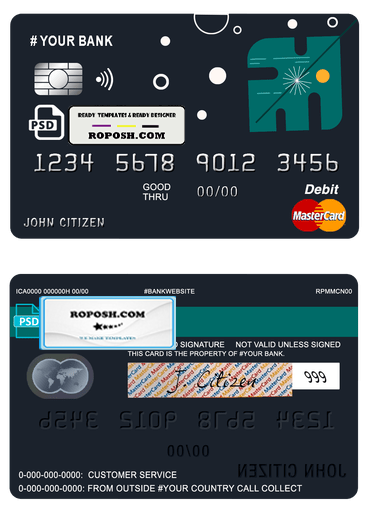 powder art universal multipurpose bank mastercard debit credit card template in PSD format, fully editable