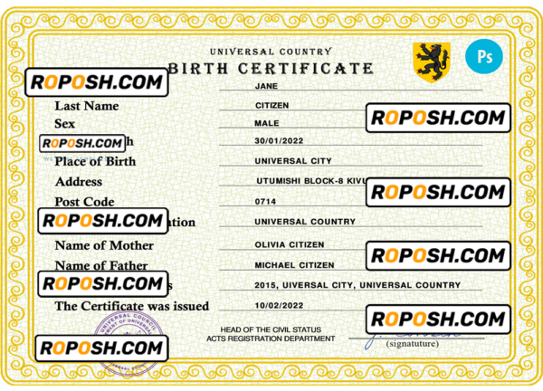 power universal birth certificate PSD template, completely editable