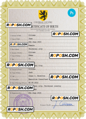 praise universal birth certificate PSD template, completely editable