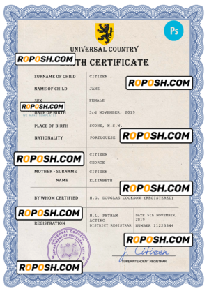 prosper universal birth certificate PSD template, fully editable