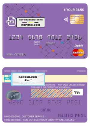 purpleistic multipurpose bank mastercard debit credit card template in PSD format, fully editable