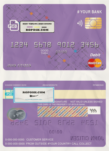 purpleistic multipurpose bank mastercard debit credit card template in PSD format, fully editable scan effect