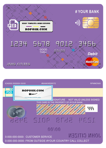 purpleistic multipurpose bank mastercard debit credit card template in PSD format, fully editable