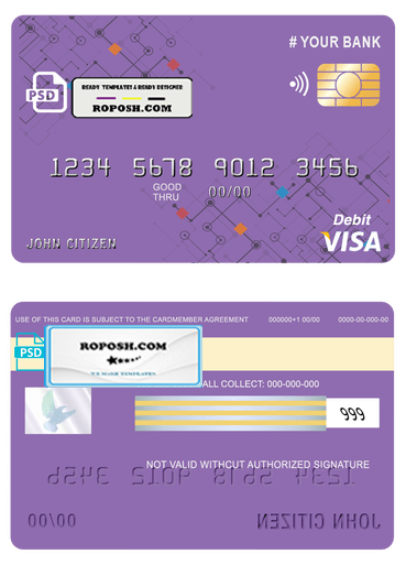 purpleistic universal multipurpose bank visa credit card template in PSD format, fully editable
