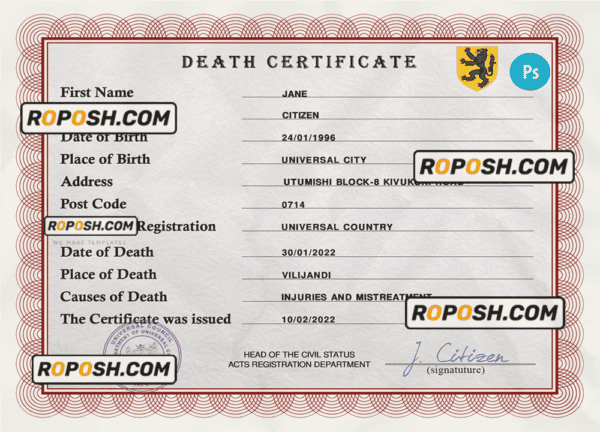 rave vital record death certificate universal PSD template