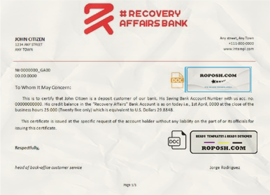 recovery affairs bank universal multipurpose bank account reference template in Word and PDF format scan effect