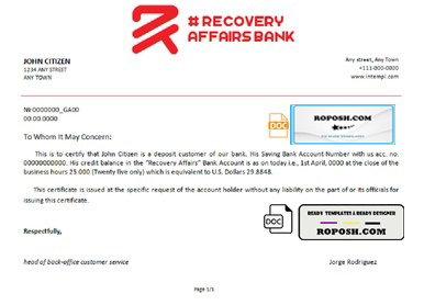 recovery affairs bank universal multipurpose bank account reference template in Word and PDF format