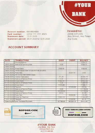 red circles universal multipurpose bank statement template in Word format scan effect