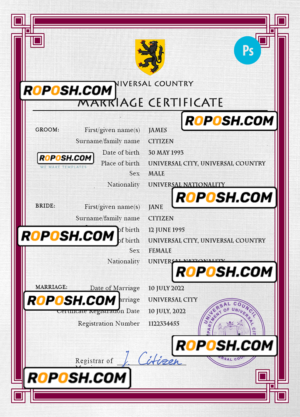 registration universal marriage certificate PSD template, fully editable