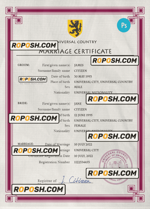 registration universal marriage certificate PSD template, fully editable