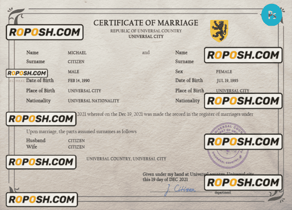 romance universal marriage certificate PSD template, fully editable