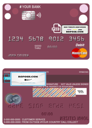 roundara universal multipurpose bank mastercard debit credit card template in PSD format, fully editable