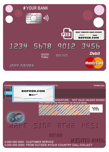 roundara universal multipurpose bank mastercard debit credit card template in PSD format, fully editable