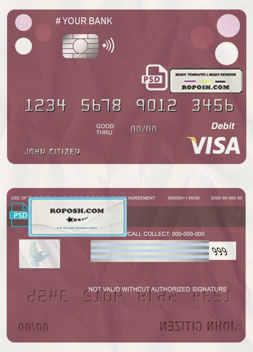 roundara universal multipurpose bank visa credit card template in PSD format, fully editable scan effect