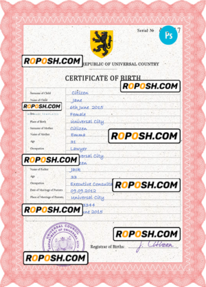 scribe universal birth certificate PSD template, fully editable