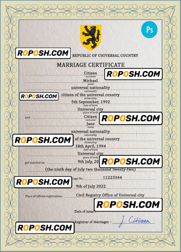 soulmate universal marriage certificate PSD template, completely editable