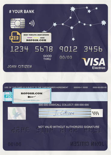starline astrology universal multipurpose bank visa electron credit card template in PSD format, fully editable scan effect
