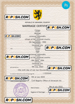 stock universal marriage certificate PSD template, fully editable