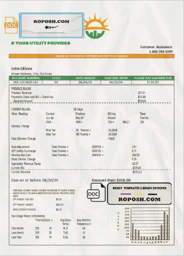 sun voice universal multipurpose utility bill template in Word format scan effect