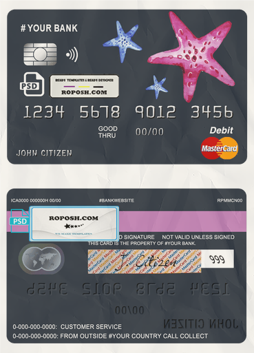 tour star universal multipurpose bank mastercard debit credit card template in PSD format, fully editable scan effect