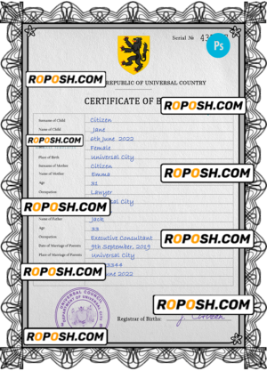 trident universal birth certificate PSD template, fully editable
